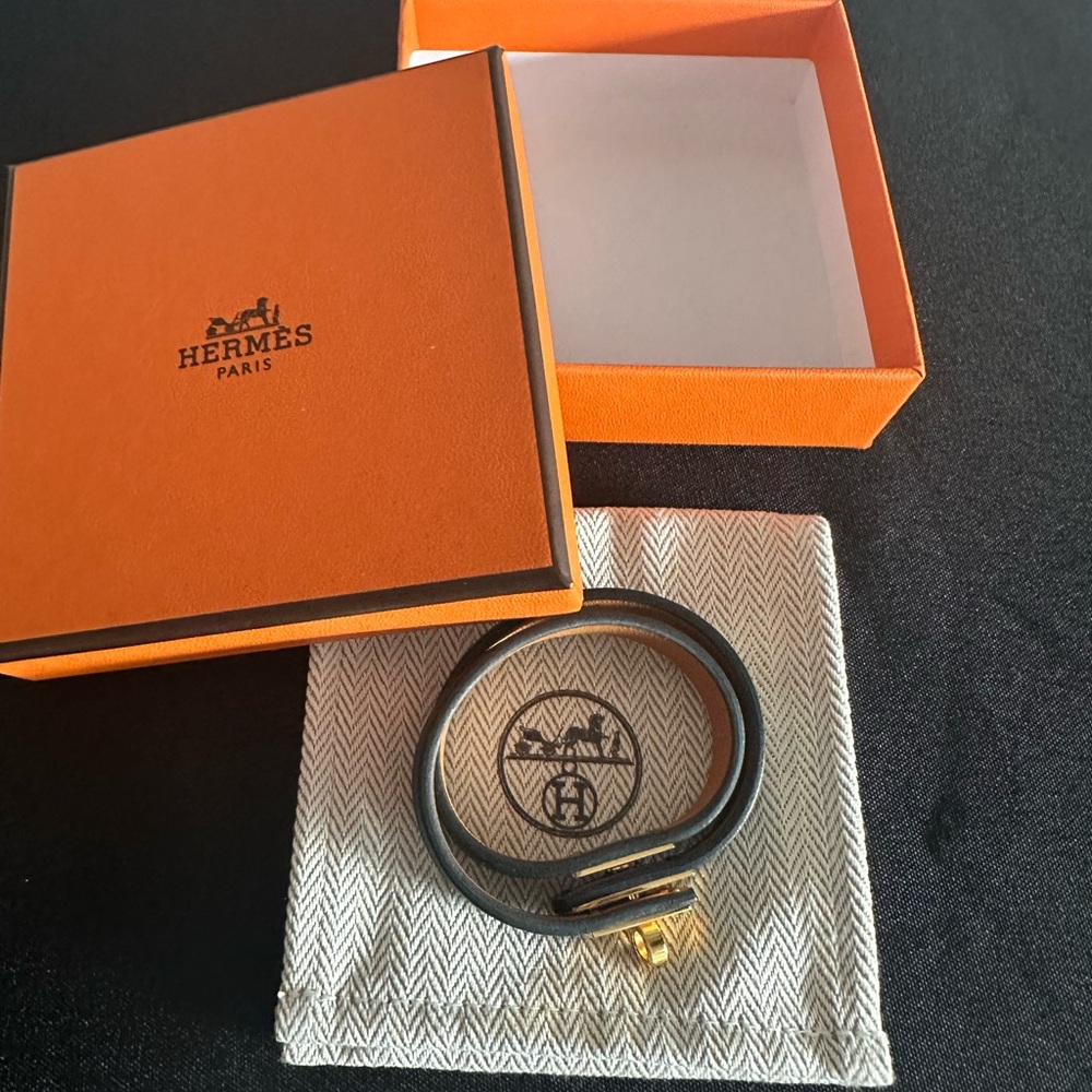 Hermes Black Double Tour Leather Bracelet with Gold Hardware